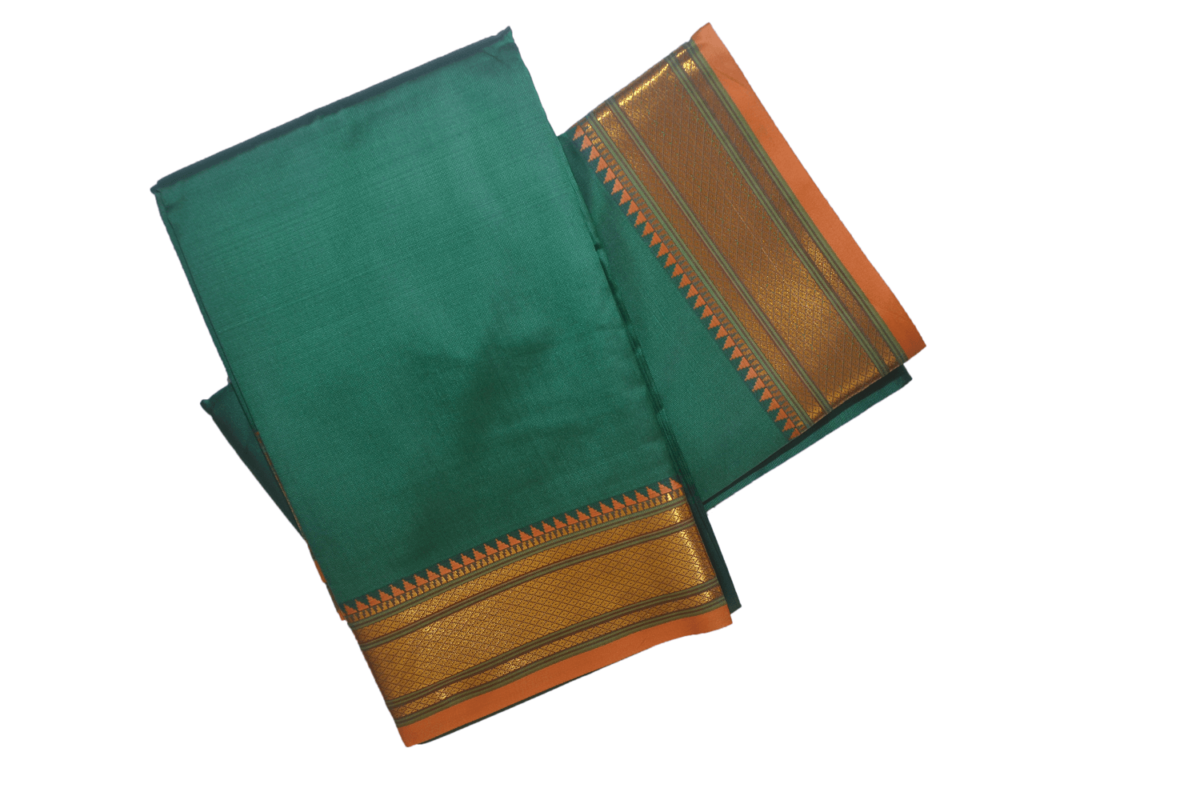Green Dhoti With Shawl In Pure Silk Golden Border - Image 1